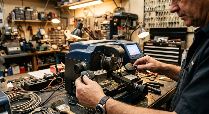 Automotive locksmith using key cutting machine to program transponder key