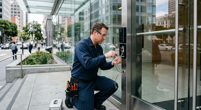 Locksmith installing access control reader on commercial glass office entrance