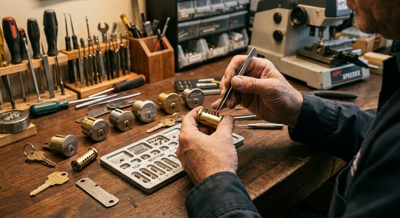 Locksmith rekeying multiple door lock cylinders on workbench