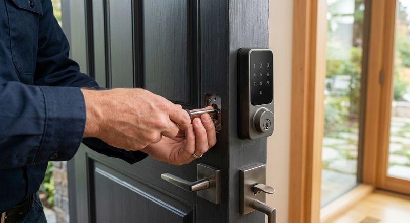 Smart lock being installed on a residential door in Foster City