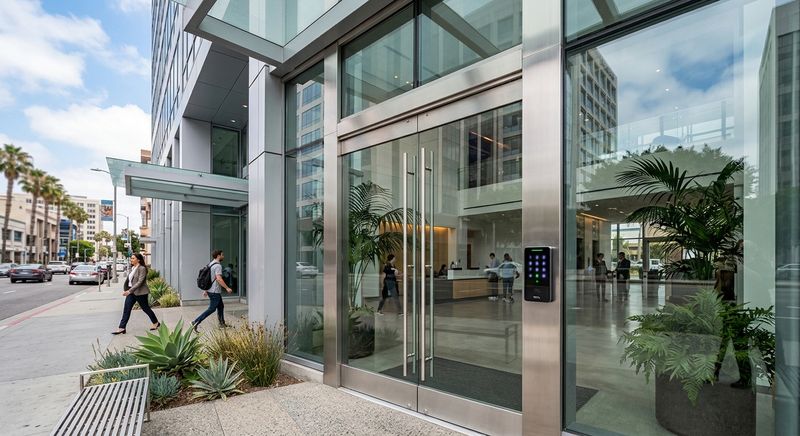 Commercial access control system on glass office building entrance