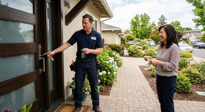 Locksmith technician explaining new lock to Foster City homeowner
